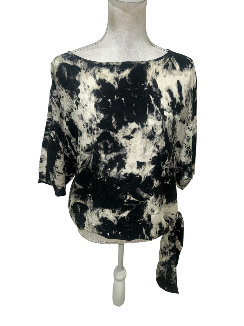 MICHAEL Michael Kors silk Black & Cream Tie-Dye Boatneck blouse Side Tie small